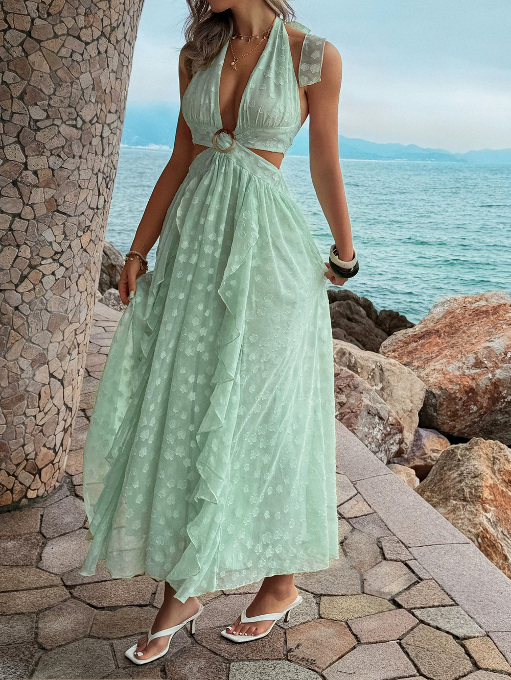 Zara Kaikuo Beach Halter Neck Waist Cutout Dress Spring Summer